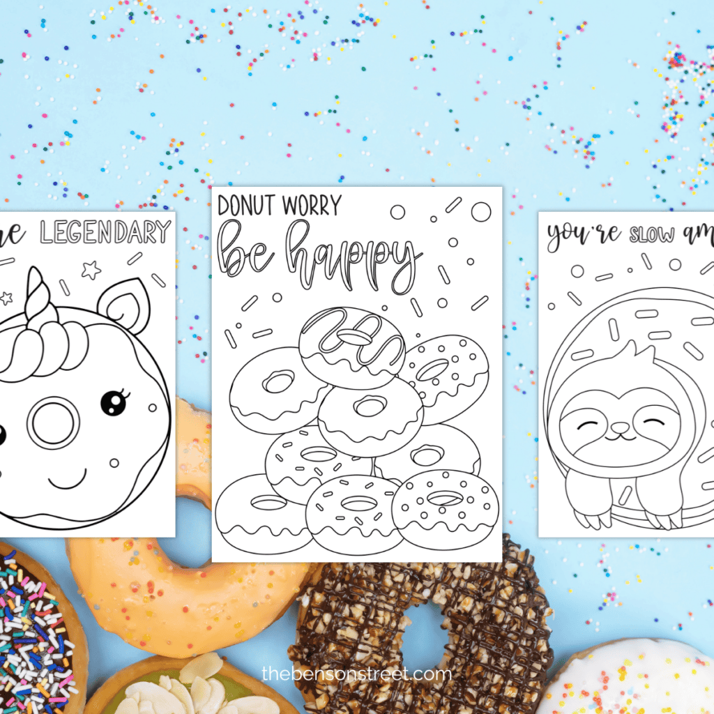 Donut work be happy coloring page and a unicorn donut and sloth donut page