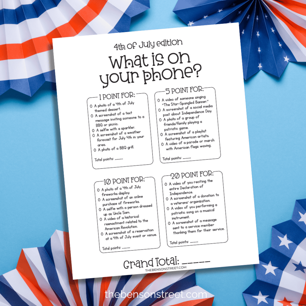 black and white copy of fourth of july edition of what is on your phone game.