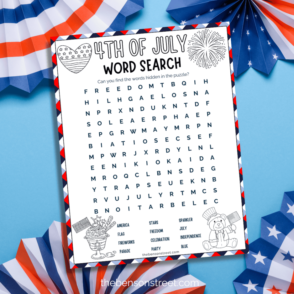 free printable fourth of July word search puzzle on a blue background