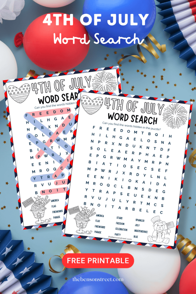 free printable word search for 4th of July with included answer key