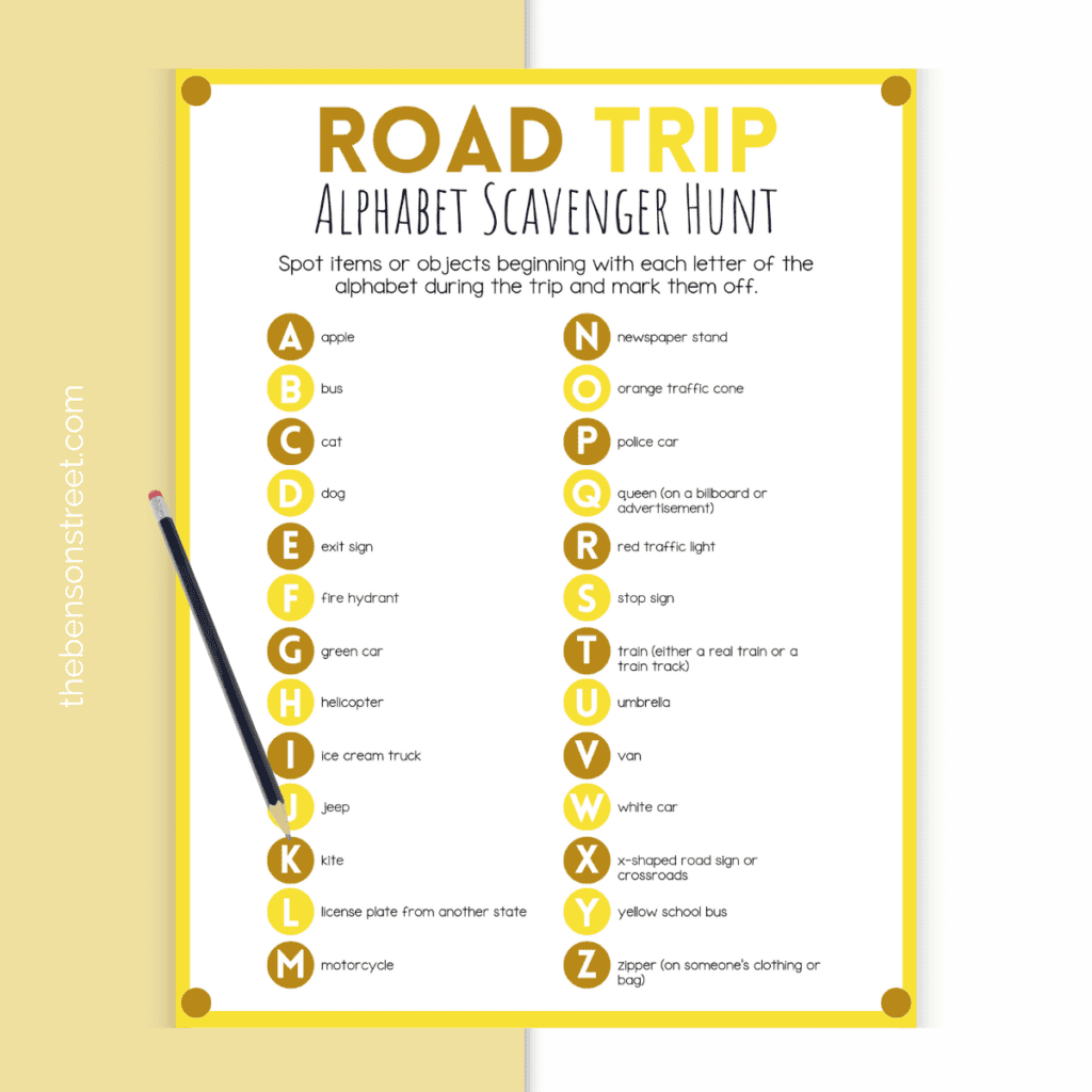 Road trip alphabet scavenger hunt printable