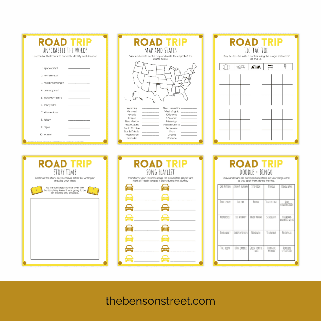 Road trip games on a white background free printables