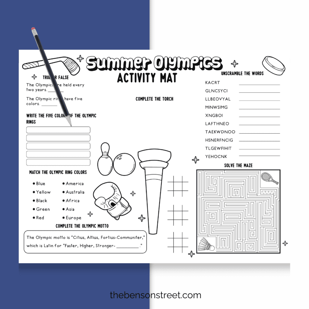 A Summer Olympics activity mat with different activities and a pencil on top ready to play