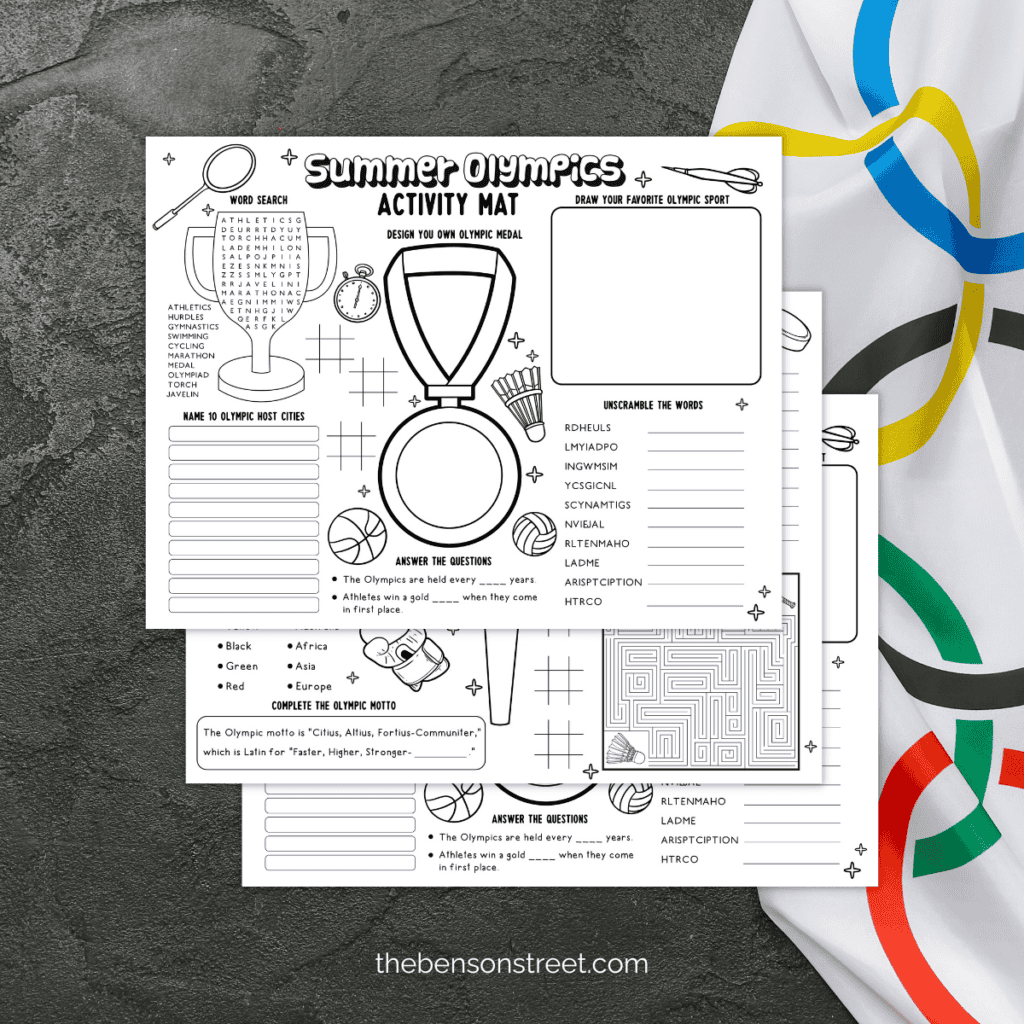 Grab a free printable summer olympics activity placemat in two different styles.