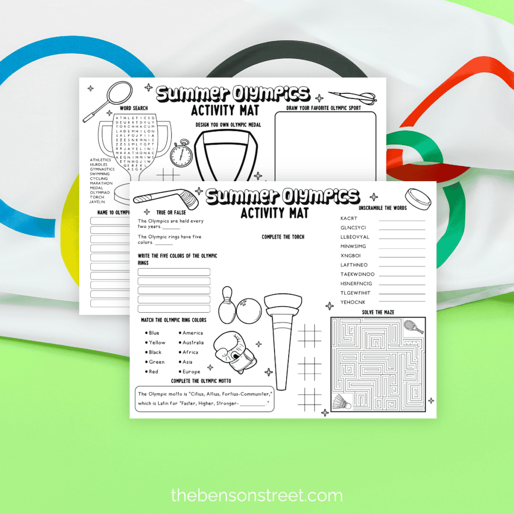 Two free printable summer olympics activity mats to sue while watching the olympics