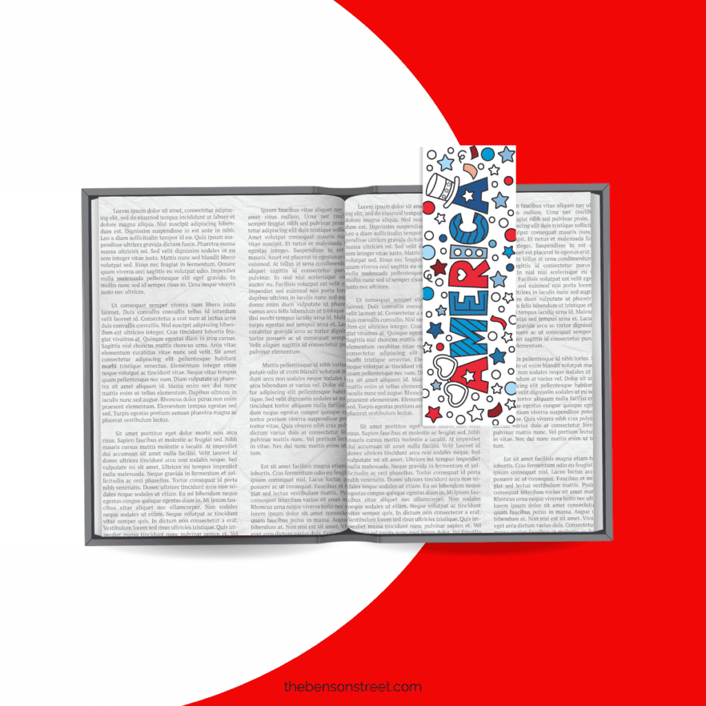 book with a printable 4th of July America coloring bookmark holding the page