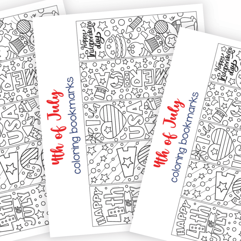 stack of uncolored 4th of July coloring bookmarks