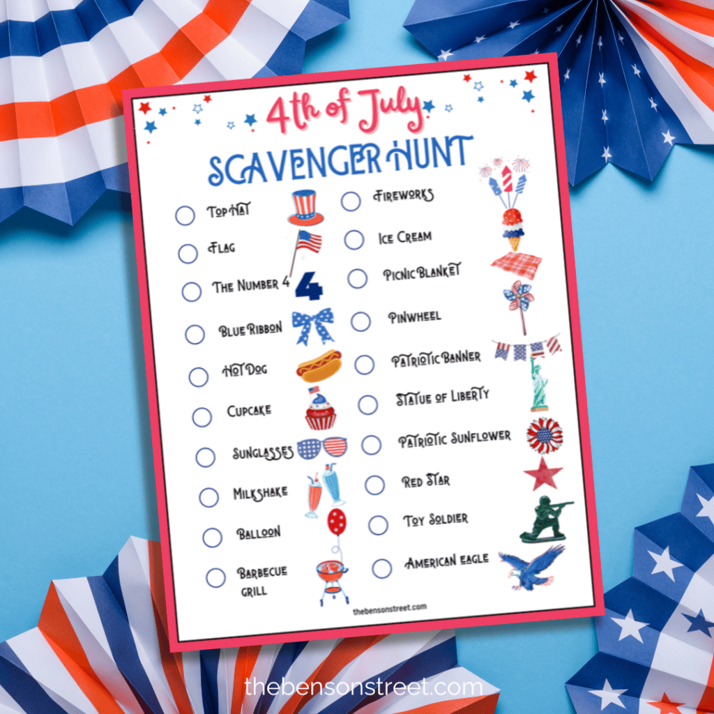 Fourth of July scavenger hunt with a background of blue and folded paper fans.