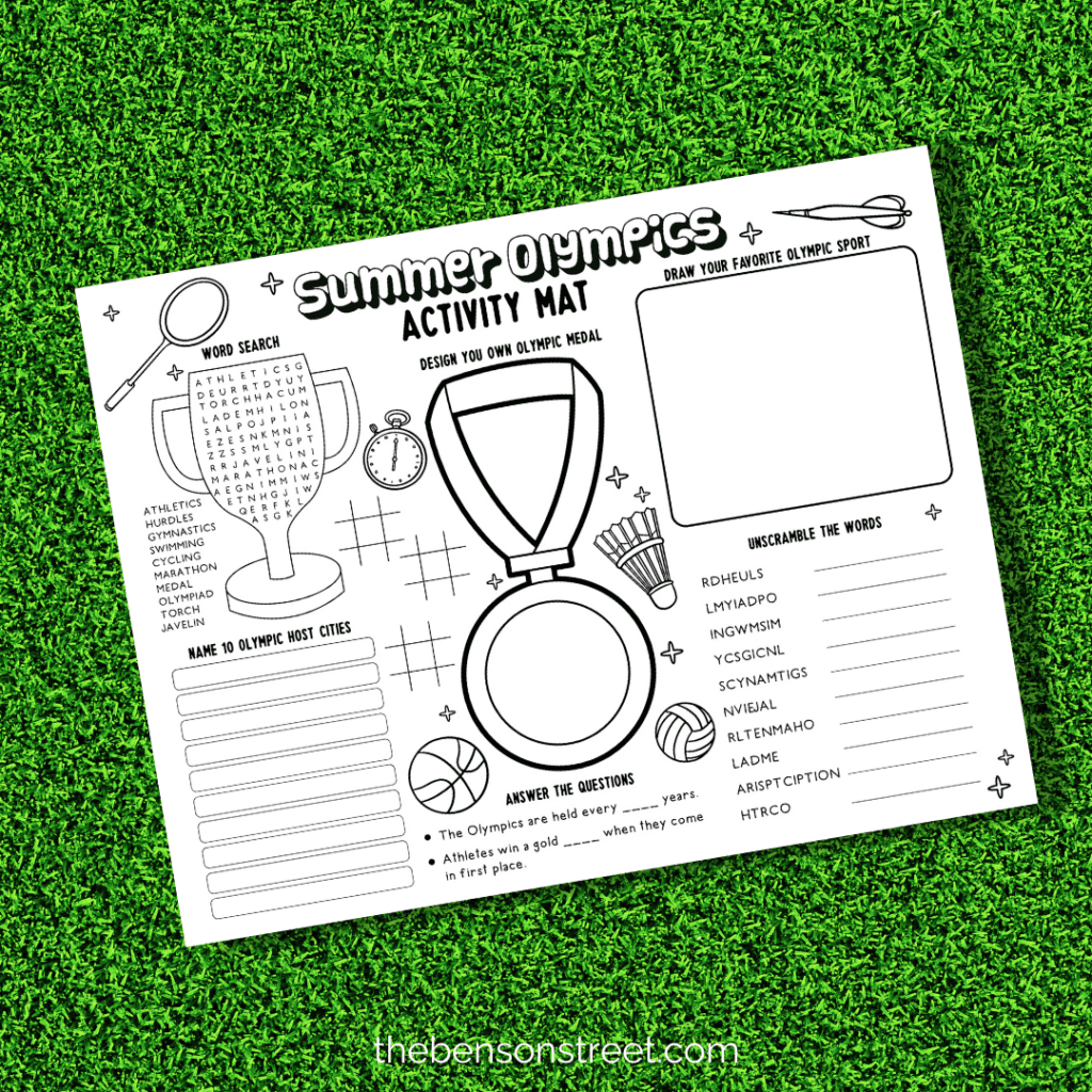 One example of a free printable summer olympics activity mat on green grass background