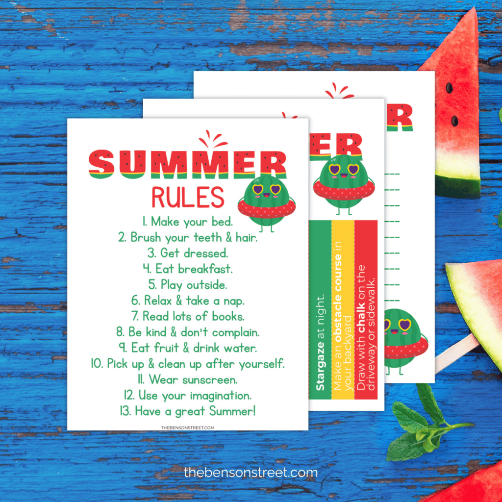Summer Rules Printable on top of a summer treats printable on a blue wood background with watermelon slices.