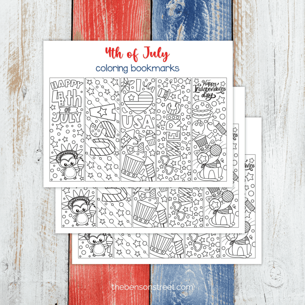 stack of three sheets of 4th of July coloring bookmarks