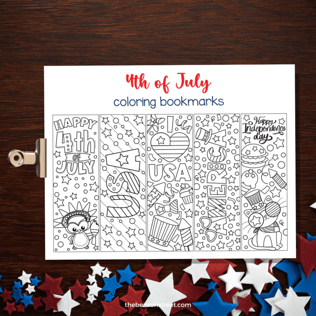 clipboard with a page of five 4th of July coloring bookmarks