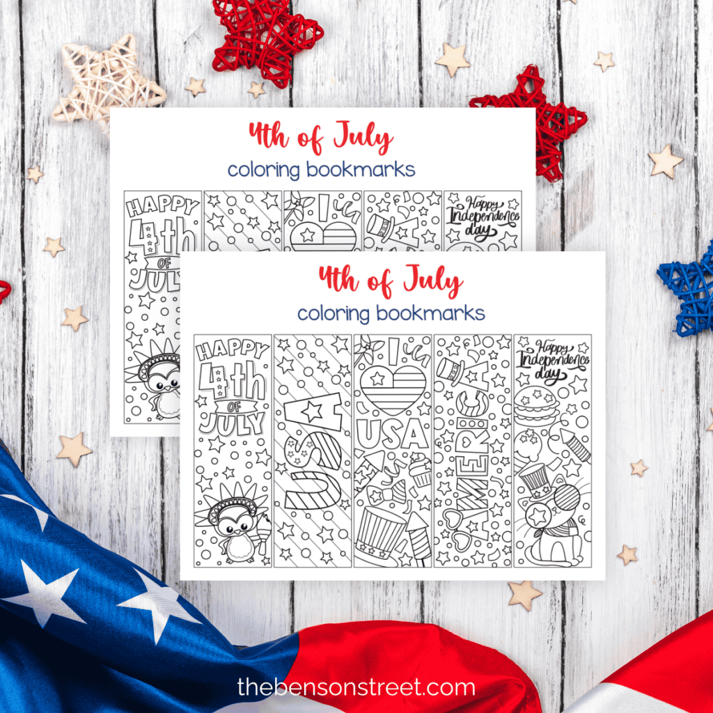 Two sheets of five different designs of coloring bookmarks for the 4th of July