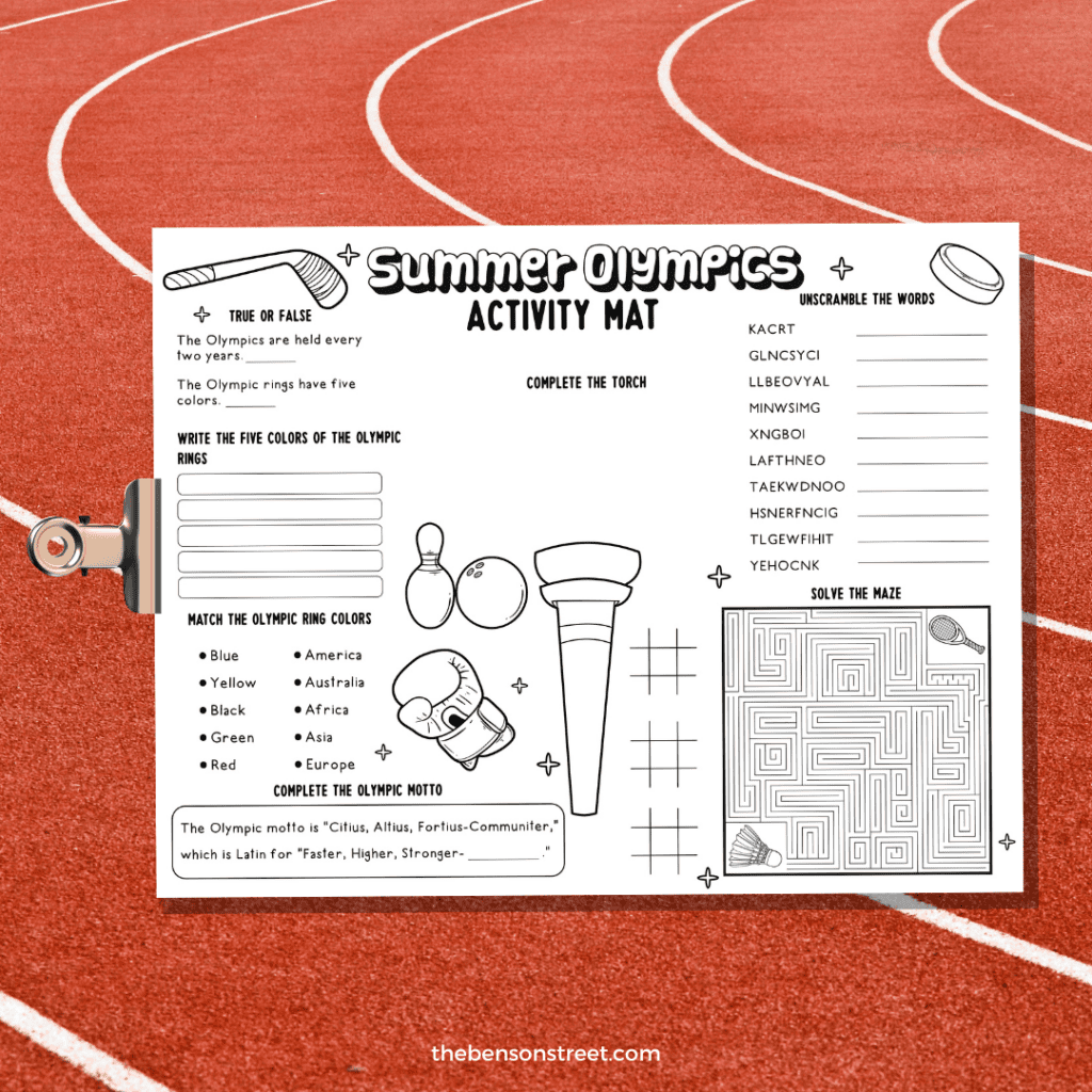 Fun Summer Olympics Activity Placemats on a clipboard with a track in the background.