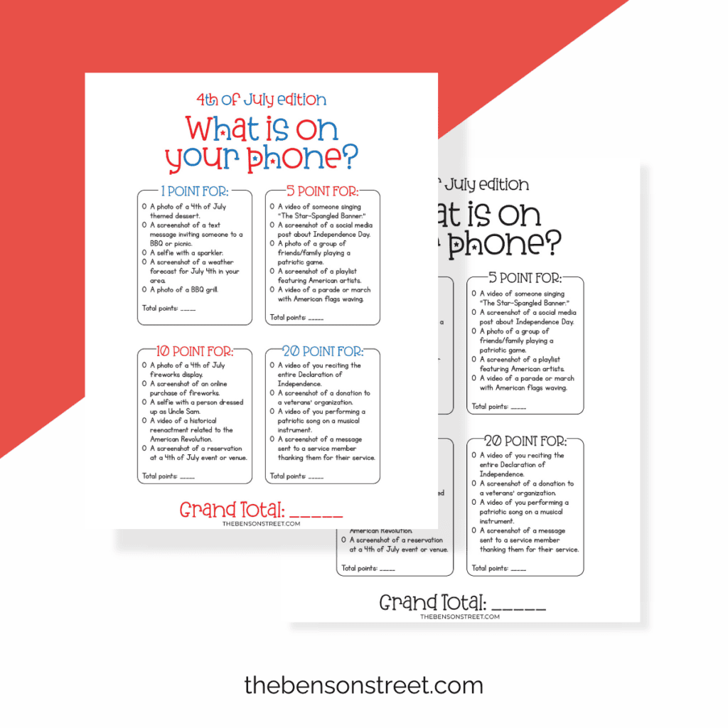 two printable sheets of 4th of july what is on your phone game.