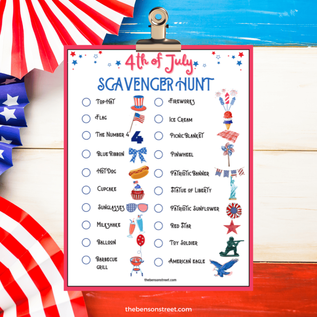 Image of a colorful printable sheet titled "4th of July Scavenger Hunt" featuring festive decorations such as stars, stripes, and fireworks.
