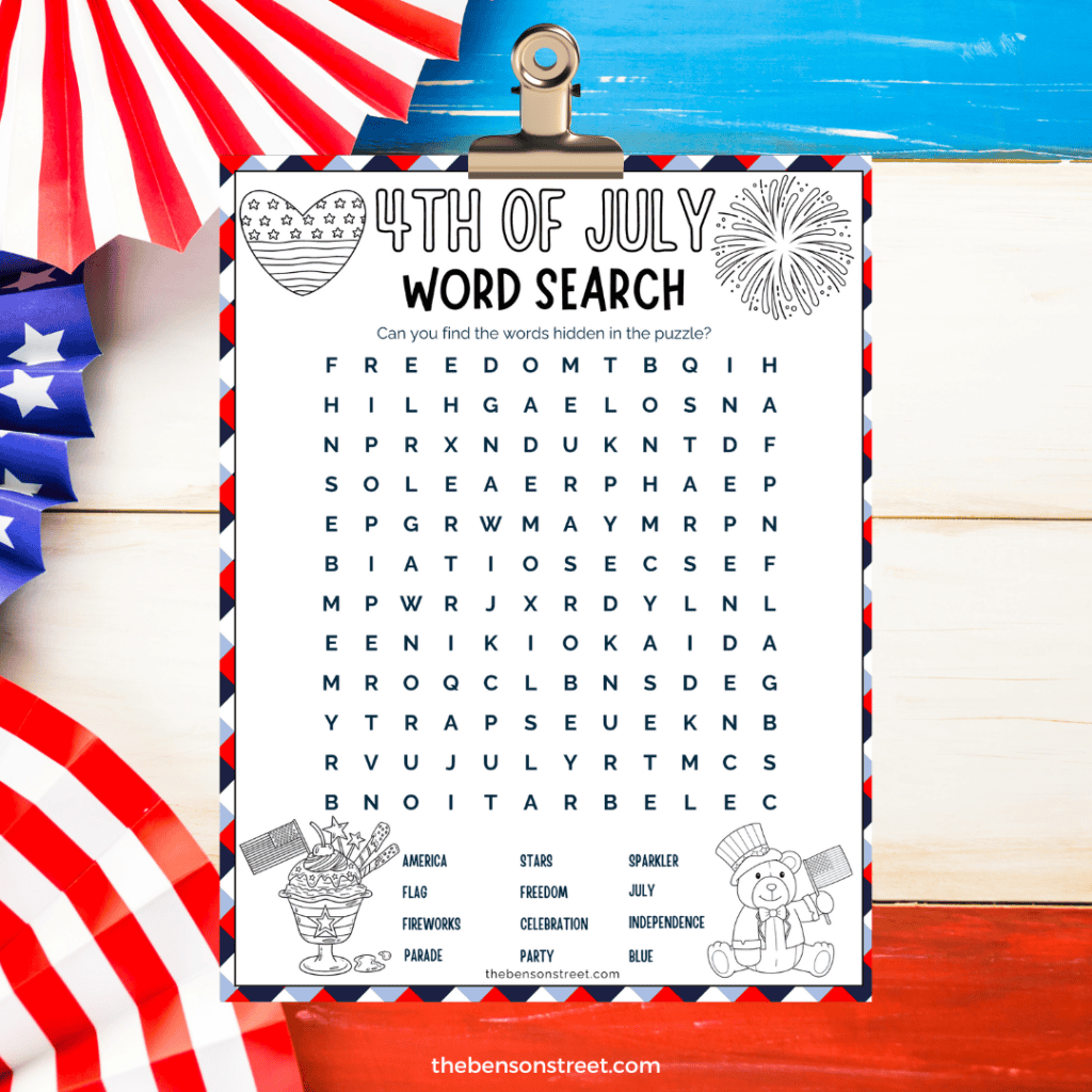 Cute coloring 4th of July word search puzzle with coloring art.
