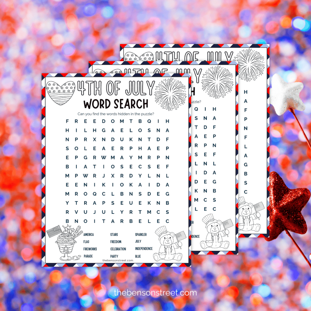 Glitter background with red white and blue colors with a stack of three coloring 4th of July word search.