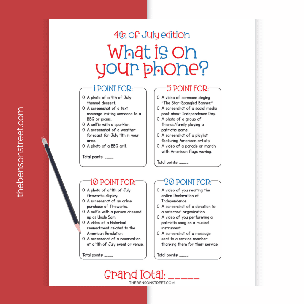 Free printable what is on your phone game 4th of July edition.