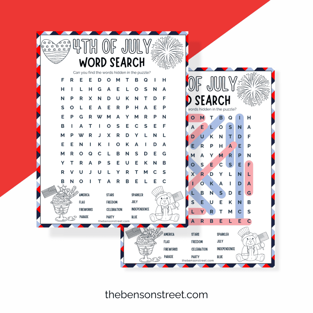4th of July word search laying on top of the 4th of July word search answer key.