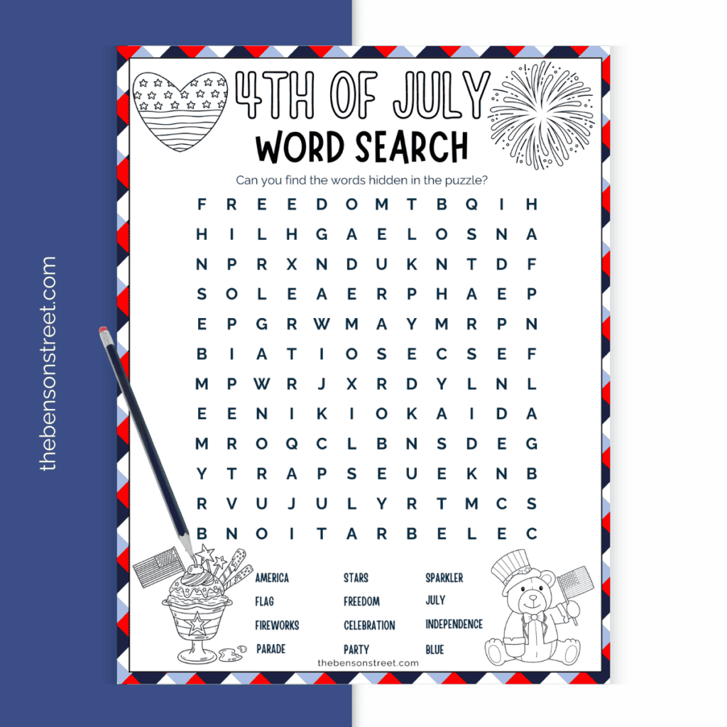 A 4th of July word search printable with a pencil on top.