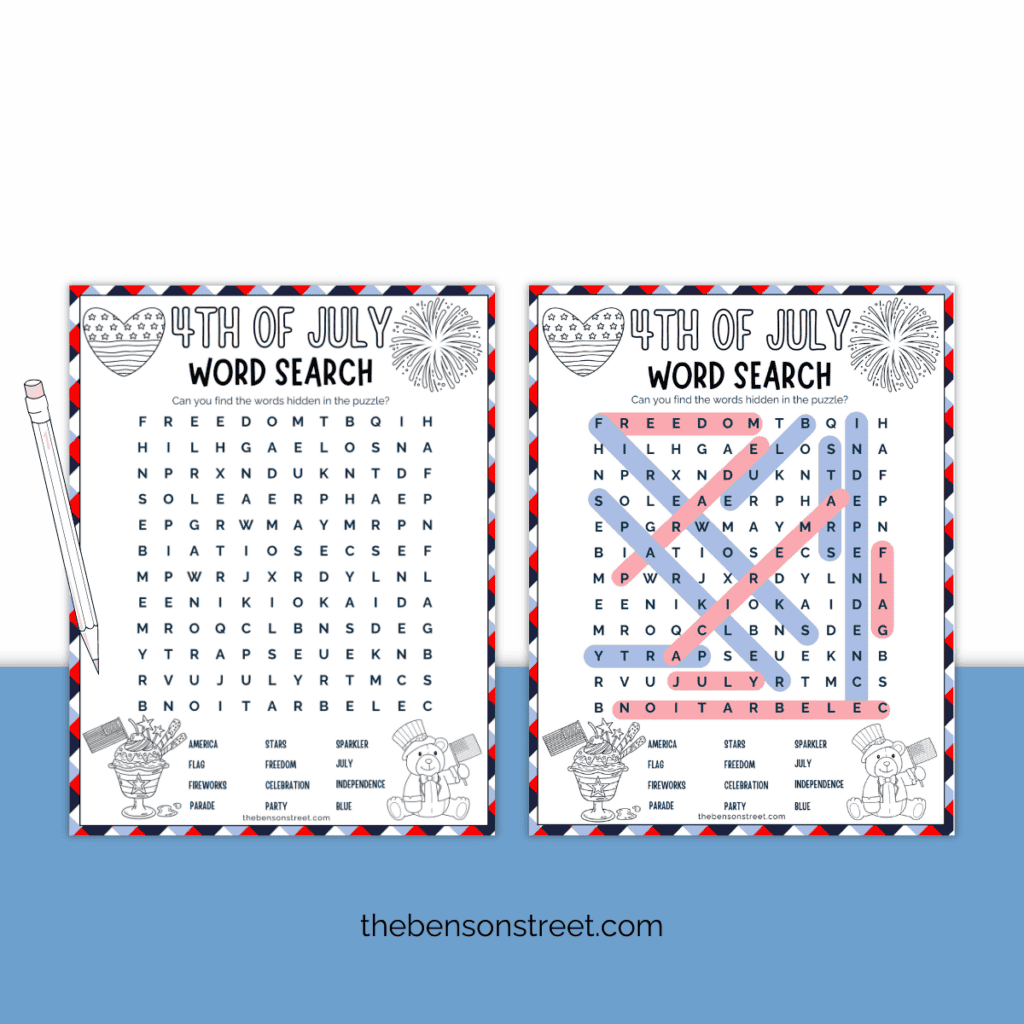 Free printable 4th of July word search with coloring elements and an answer key with a pencil on top of the word search.