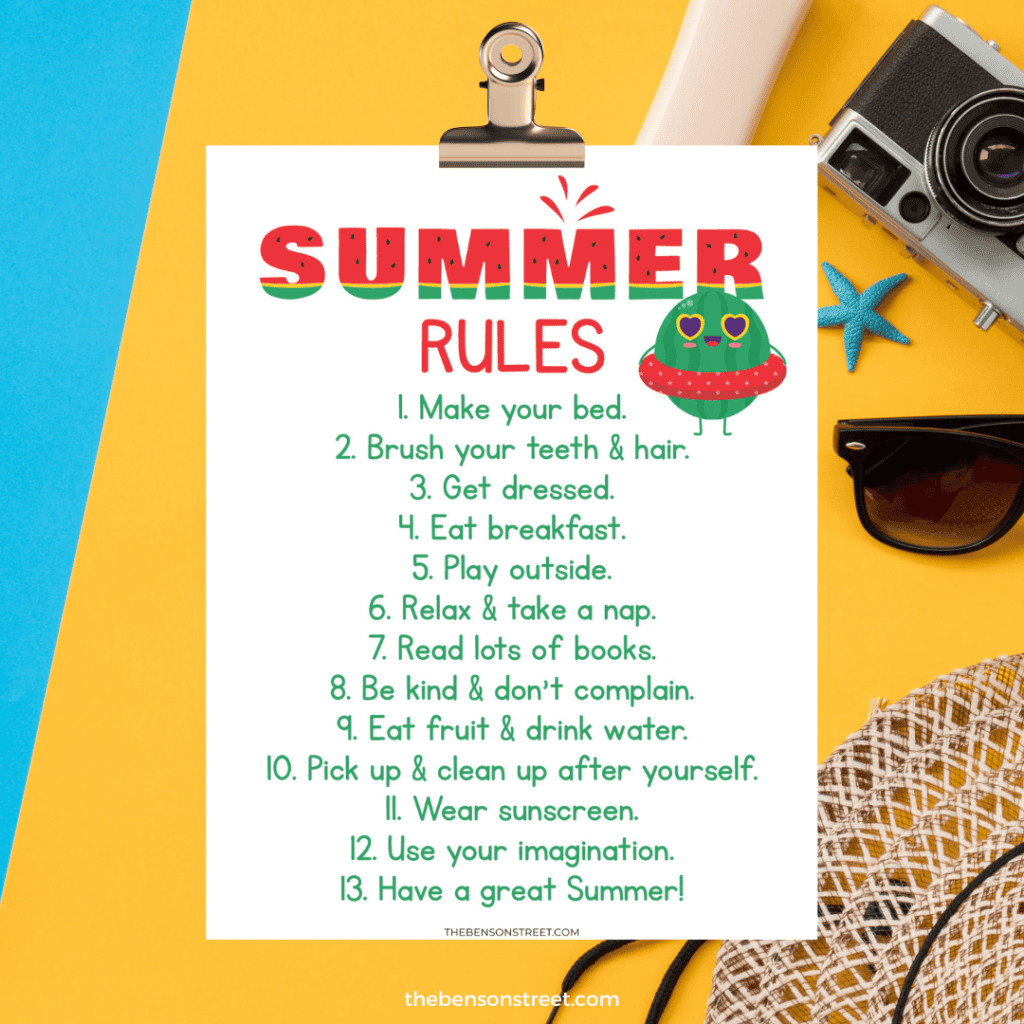 Summer Rules Printable with filled in rules and a summer backdrop.