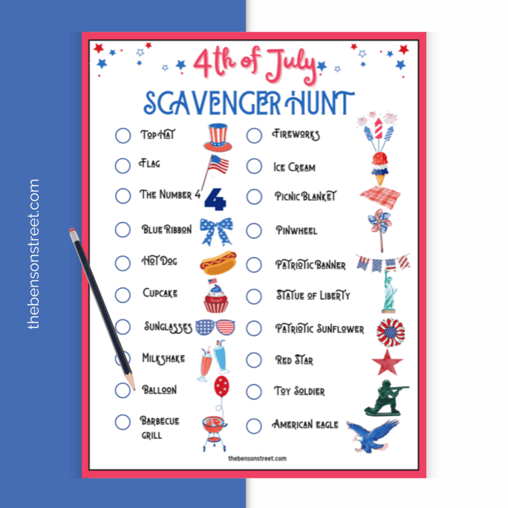 4th of july scavenger hunt with small images and words of items to find with a pencil on top.