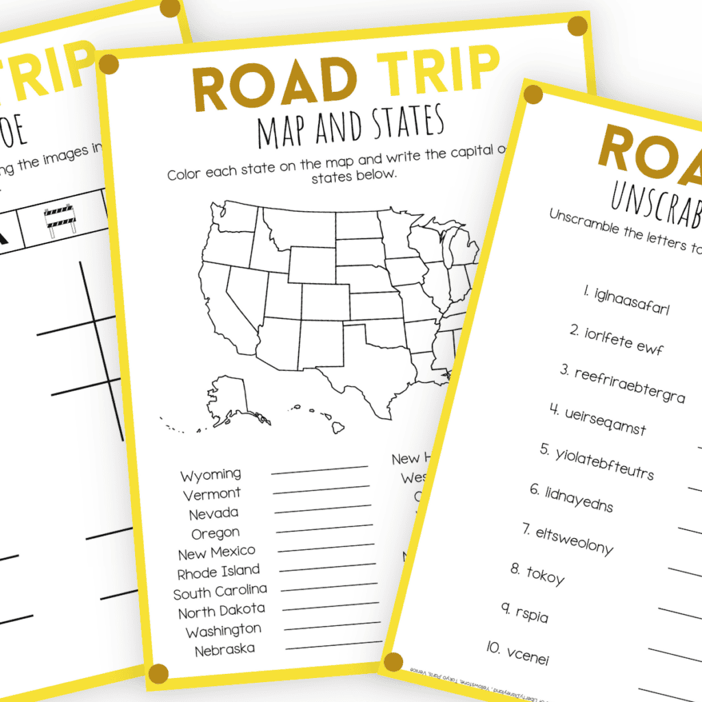 Stack of three road trip games printables
