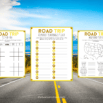 Printable Road Trip alphabet scavenger hunt, map and states, and tic tac toe for for Families at thebensonstreet.com