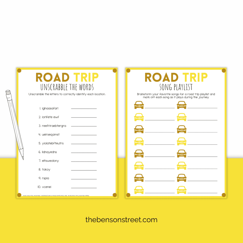 Two road trip games. A word scramble and song playlist with a pencil on top