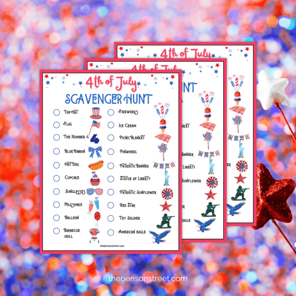 Stack of three 4th of july scavenger hunt papers.