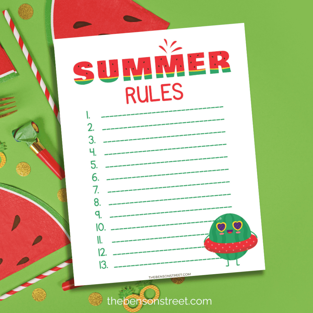 Summer Rules Printable blank version on a green summer background