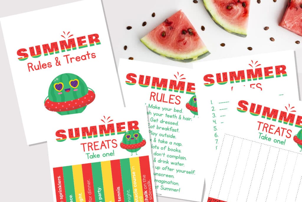 Free Summer Rules and Treats Printables on a flat lay with watermelon slices and seeds.