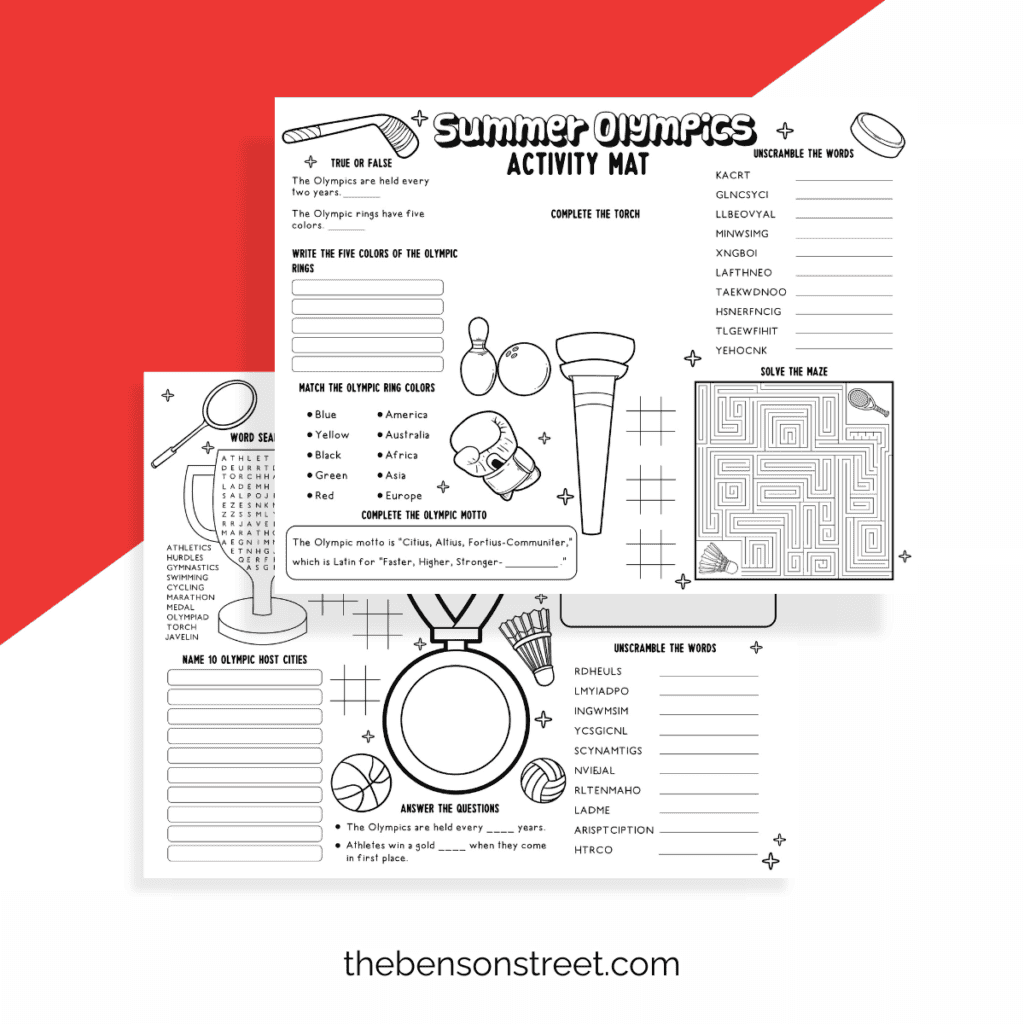 Two free printable summer olympics activity mats for kids