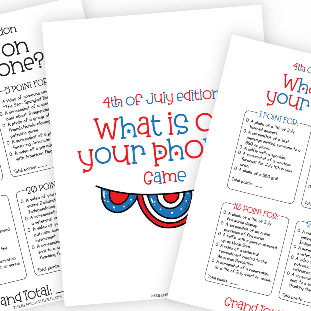 stack of all pages in the free printable 4th of july what is on your phone printable.