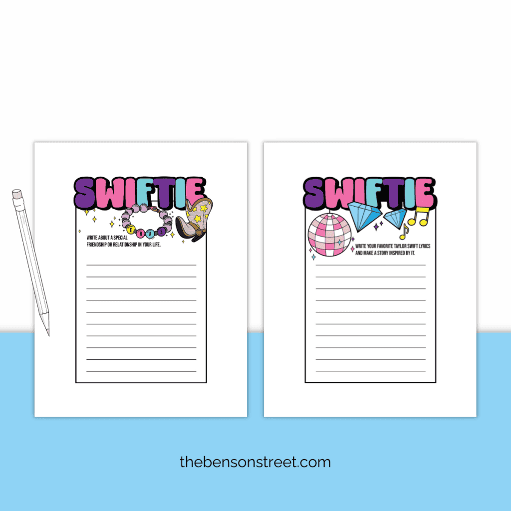 Two free printable Taylor Swift Writing Prompt Crafts with coloring elements. Pencil laying on top ready to write.