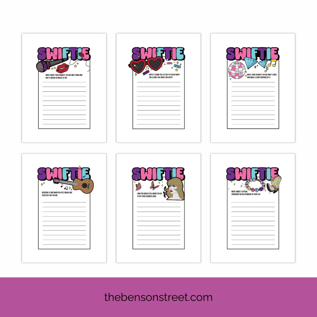 Six different writing prompts and coloring pages with black and white and color options.