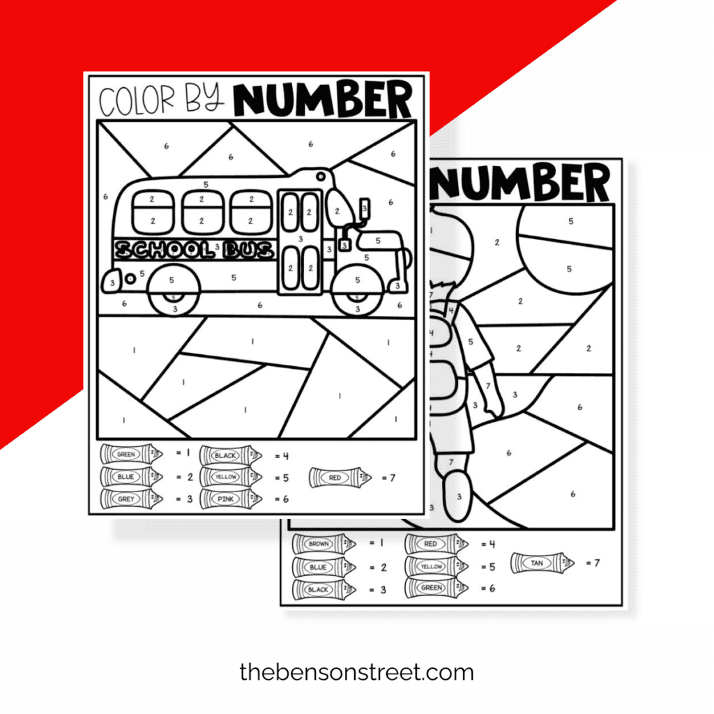 A black and white printable back-to-school color by number worksheet featuring a school bus with numbered sections for coloring.
