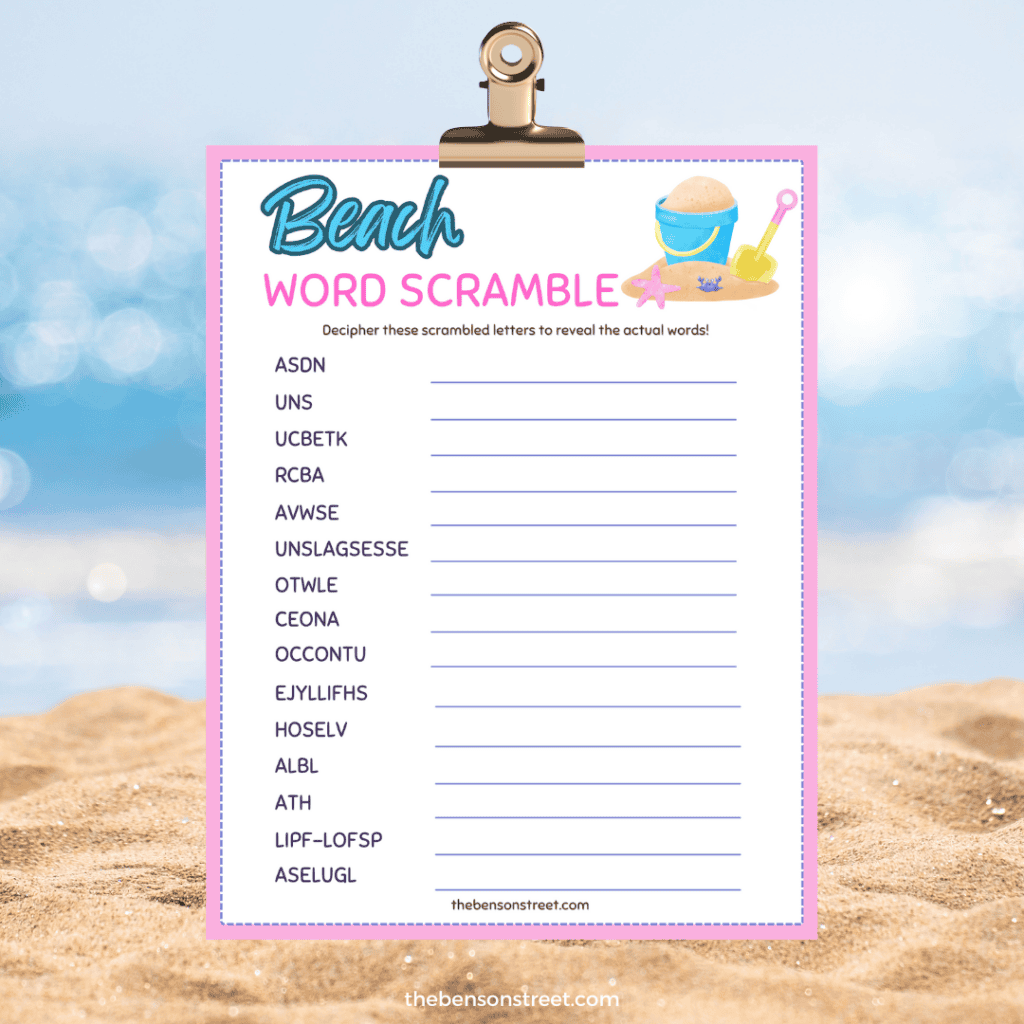 Beach themed word scramble on a clipboard with a beach background.