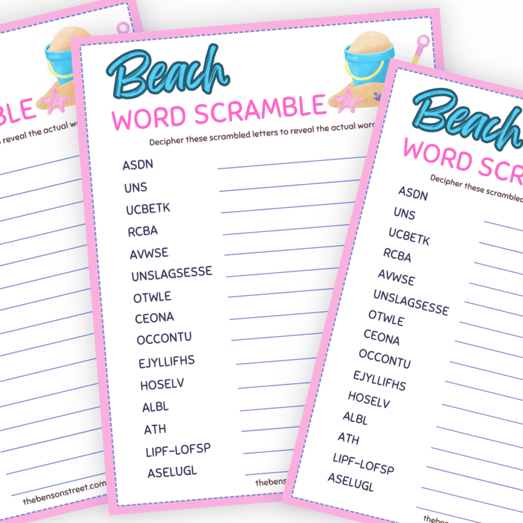 Three pages of a printable beach word scramble.
