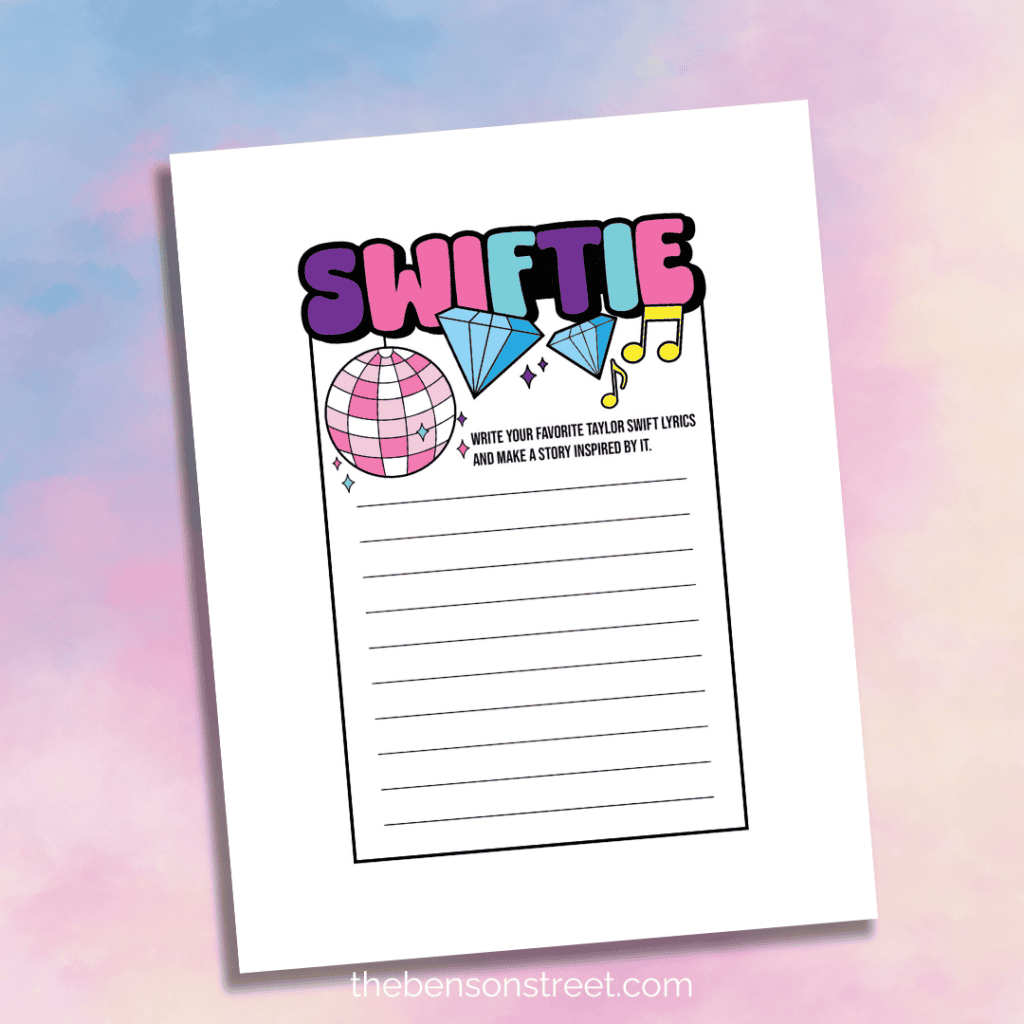 Taylor Swift Writing Prompt printable on the Lover background.
