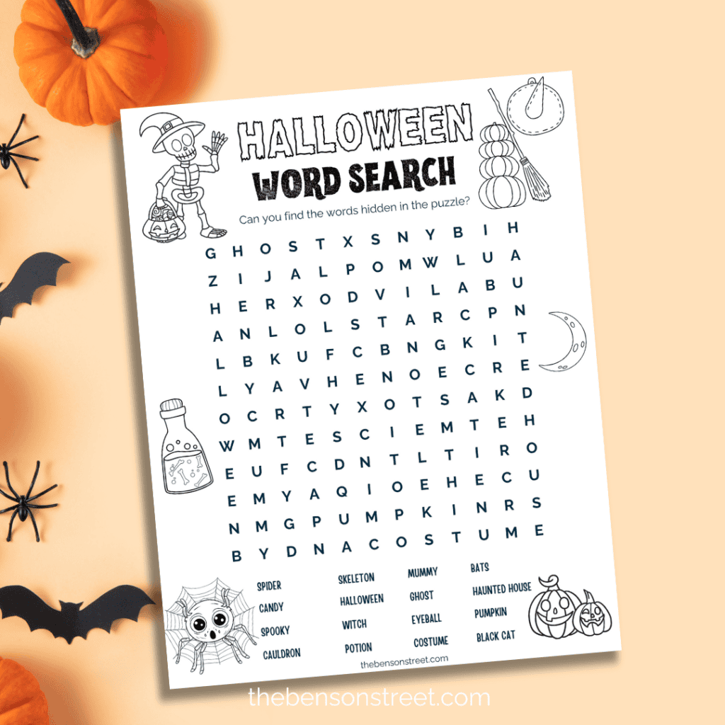 Festive Halloween word search for kids, available as a free printable with an answer key.