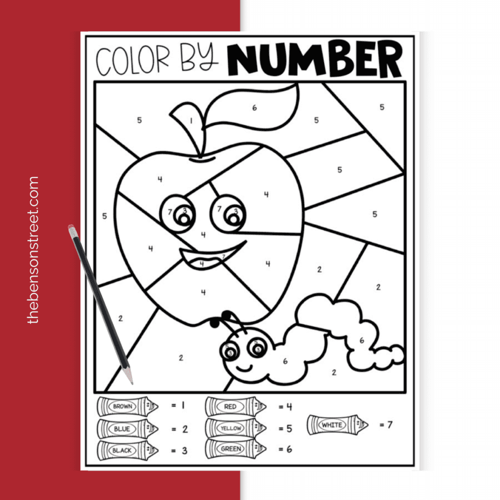 Printable color by number worksheet in black and white depicting a cheerful apple with numbers guiding the coloring process.