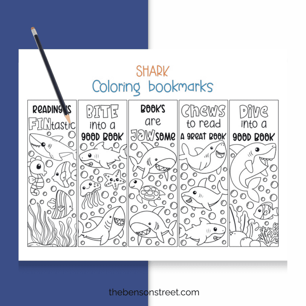 A page of shark coloring bookmarks ready to be colored in