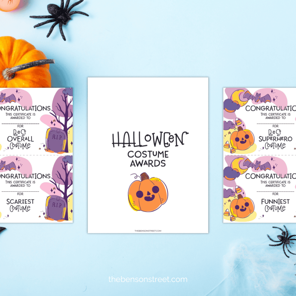 Halloween costume awards free printable with a variety of award certificates