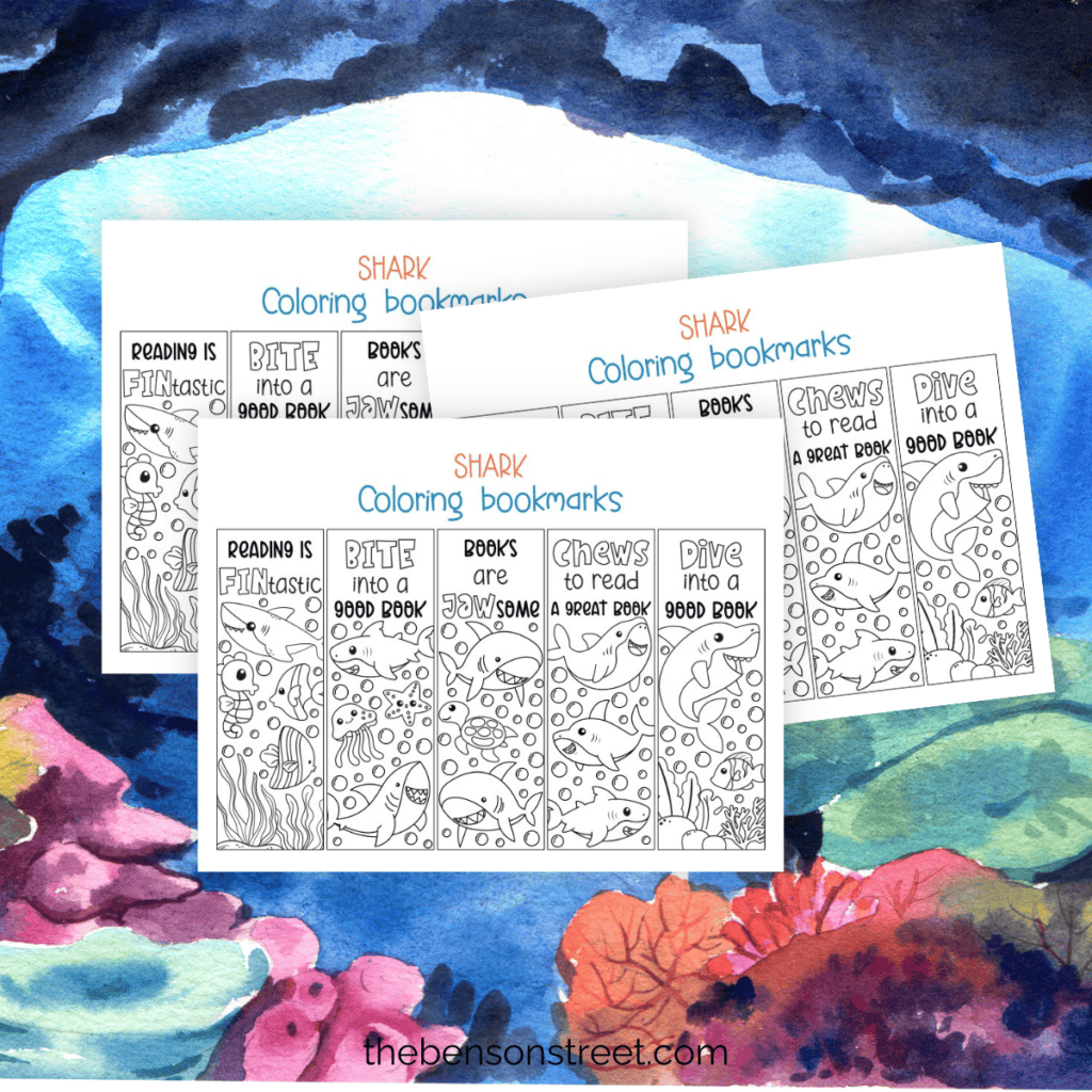 Three sheets of printable shark coloring bookmarks on a watercolor background