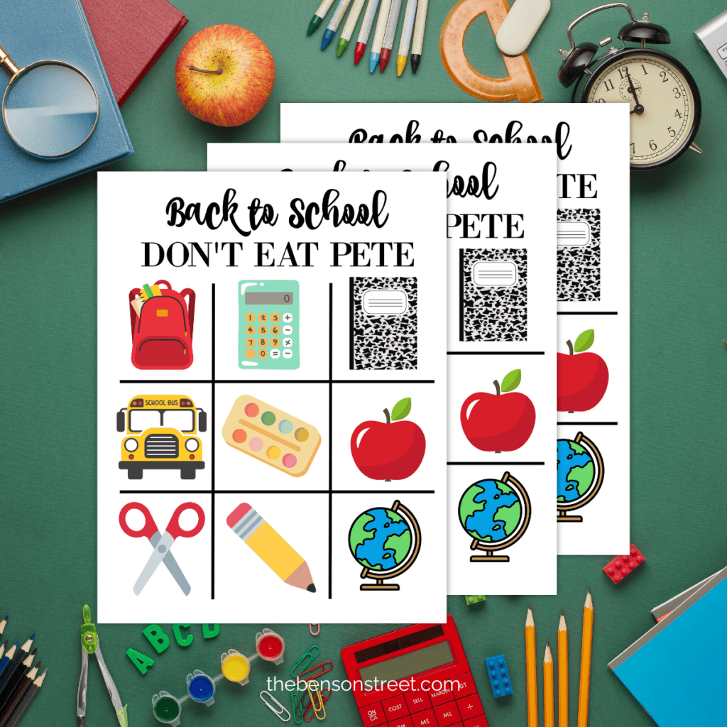 Back to School Don't Eat Pete game board with colorful school supplies" - Image of the game board featuring a grid of squares, each decorated with images of school supplies like pencils, books, and erasers.