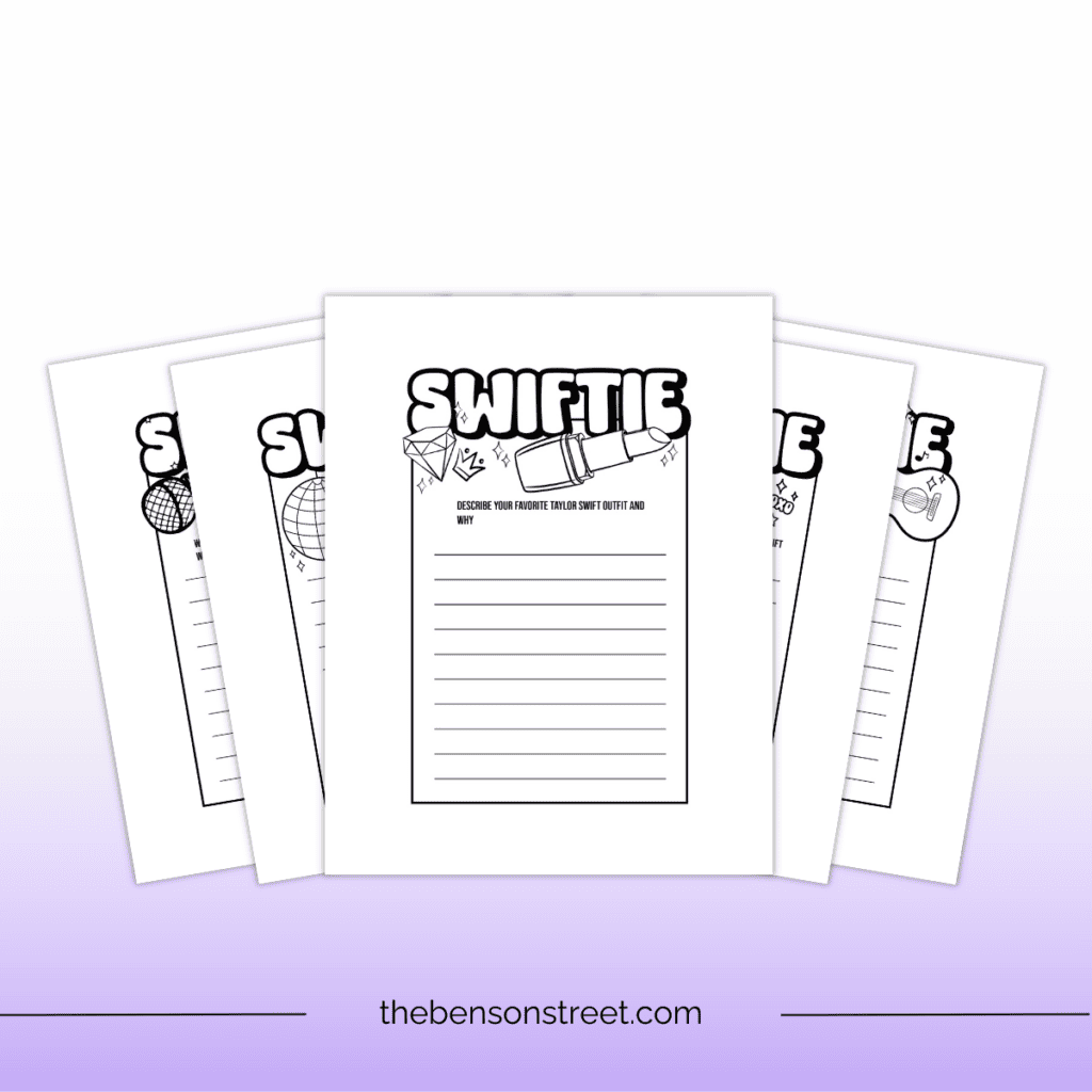 Stack of Free printable Swiftie Inspired writing prompts coloring worksheets.