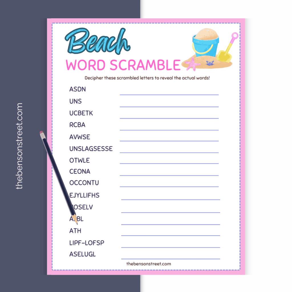 Free printable beach word scramble with a pencil on top ready to fill in the unscrambled words.